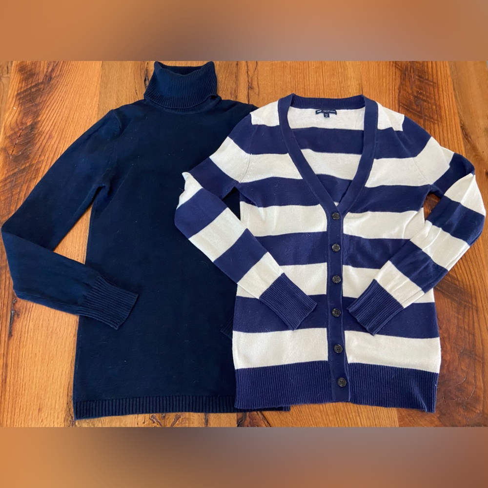 Gap Set of TWO Sweaters, Classic Navy Blue Turtleneck & Striped Cardigan, Sz XS